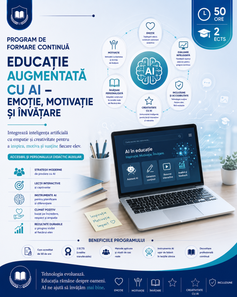 Educatie augmentată cu AI – emotie, motivatie și invatare - program acreditat MEC - 50 de ore, 2 ECTS